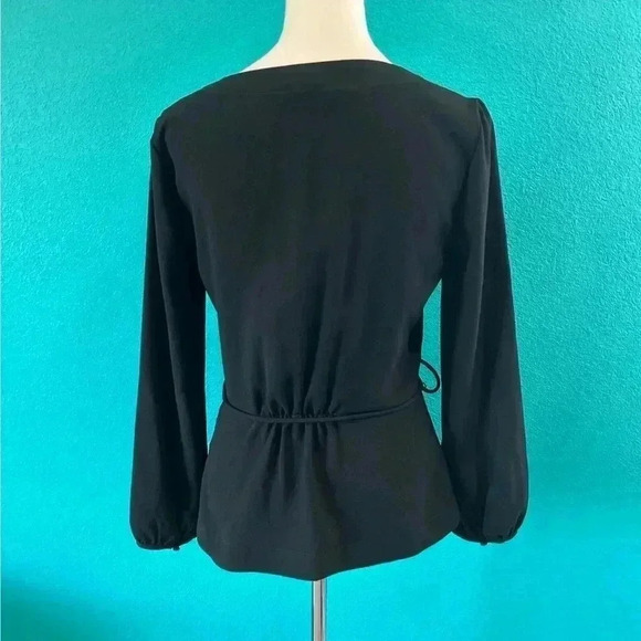 J crew drapery crepe faux wrap black top peplum tie waist surplace blouse - Picture 3 of 5